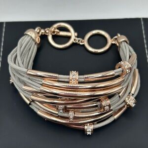 Chunky Wide Rose Gold Plated Tube Crystal Gray Cord 24 Strand Bracelet